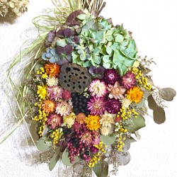 【再販、受注制作】紫陽花とミモザ&ポポラスユーカリとヘリクリサムの春のスワッグ 1枚目の画像