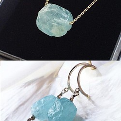 夏季幸運袋原海藍寶石粗糙石◇K10金項鍊+ SV耳環套裝 第1張的照片