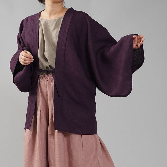 wafu中厚リネン羽織 男女兼用 和装 和服 リネン着物/紫根しこん