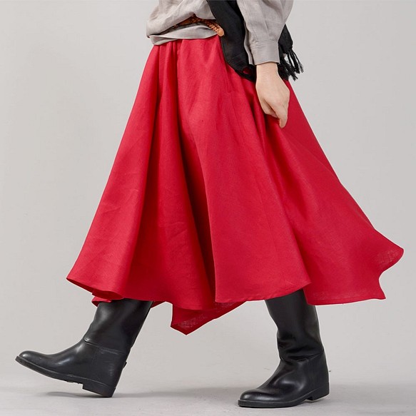 【wafu】中厚リネン イレギュラーヘムスカート フレアースカート4枚はぎのリネンスカート/レッド s002g-red2 1枚目の画像