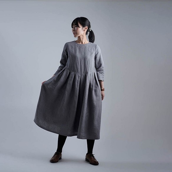 【wafu】Linen Dress 鍵盤タックワンピース 中厚地 / スチールグレー a013s-stg2