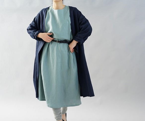 [Wafu] 中厚麻大衣 Haori 無領外落肩長款/深藍 h022a-neb2 第1張的照片