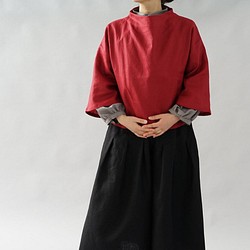 [Wafu]亞麻長袍上衣麻襯衫瓶頸喇叭袖上衣/寶石紅t023a-rre2 第1張的照片