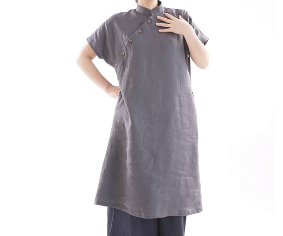 [Wafu]雅奧黛站色法式袖短袖A字連衣裙/墨色a047a-smi1 第1張的照片