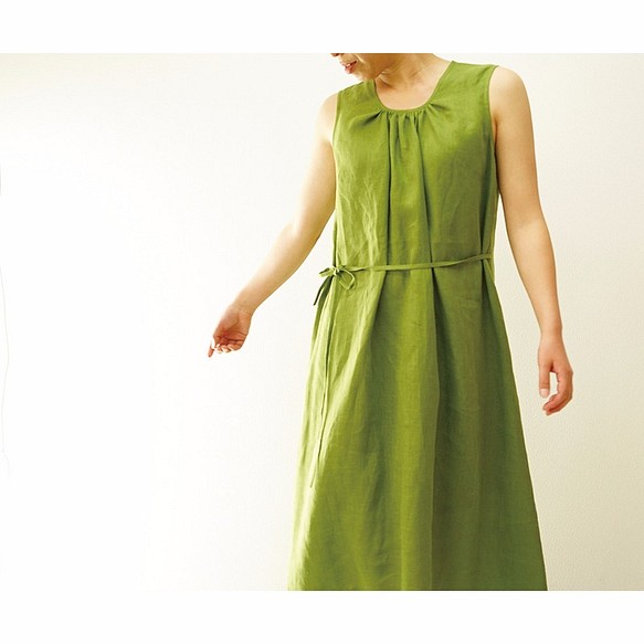 [Wafu] &lt;1穿著有限值&gt;立陶宛亞麻連衣裙皺褶背心裙/橄欖凋謝a40-7 第1張的照片