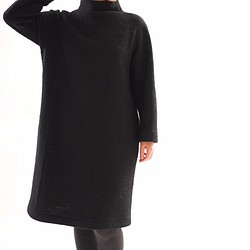 [Wafu]珠皮呢毛高領瓶頸羊毛連衣裙A線長袖/黑a43-28 第1張的照片