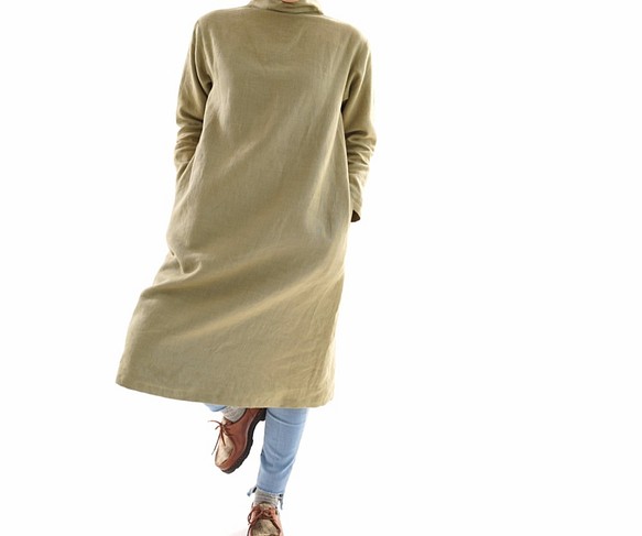 [Wafu] &lt;原型&gt;刷雙剪裁溫暖亞麻禮服瓶頸連衣裙/苦艾綠色a43-27 第1張的照片