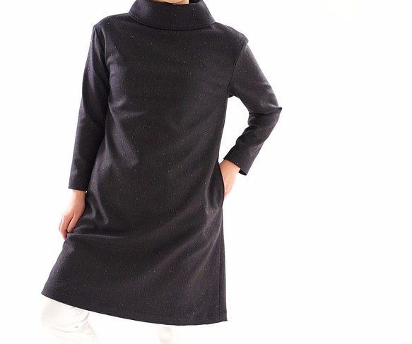 [Wafu] &lt;原型&gt;爵士樂NEP羊毛連衣裙高頸A-線的總Yozora Uraji /深藍a43-23 第1張的照片