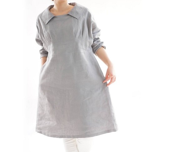 [Wafu] &lt;試驗配件&gt;暖亞麻裙腰部飛鏢蝙蝠袖連衣裙/灰色a55-15 第1張的照片