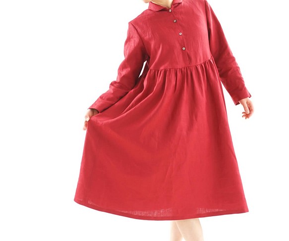 中厚的亞麻連衣裙披肩領聚攏mimore長度/寶石紅A019C-RRE2 第1張的照片
