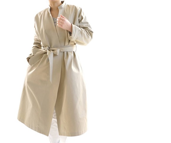 [Wafu] &lt;試驗配件&gt;彈簧塗層立領彈簧外套長大衣/絲毛米色b23-32 第1張的照片
