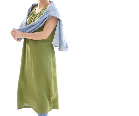 【一件試穿】立陶宛亞麻一件收集圓領無袖Mimore長裙/橄欖色帕薩a40-7 第1張的照片