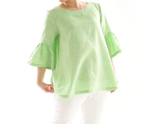 【Wafu】薄亞麻中山裝喇叭袖A字線上衣/粉彩綠色t024a-pgn1 第1張的照片