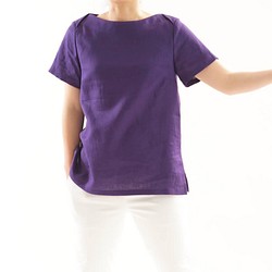 【wafu】薄地 リネンブラウス ボートネック Tシャツ チュニック 半袖 / オーベルジーヌ t003d-obj1 1枚目の画像