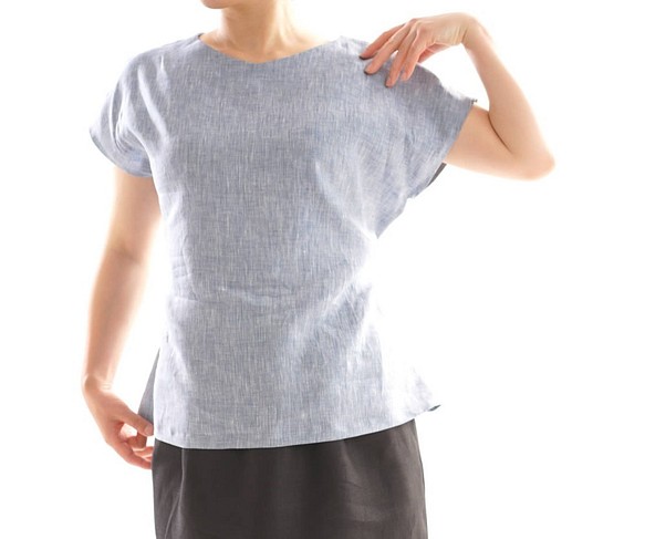 【お試し品！】フランス産　リネン ブラウス VネックTシャツ チュニック /ゼニスブルー t025a-zbn1 1枚目の画像