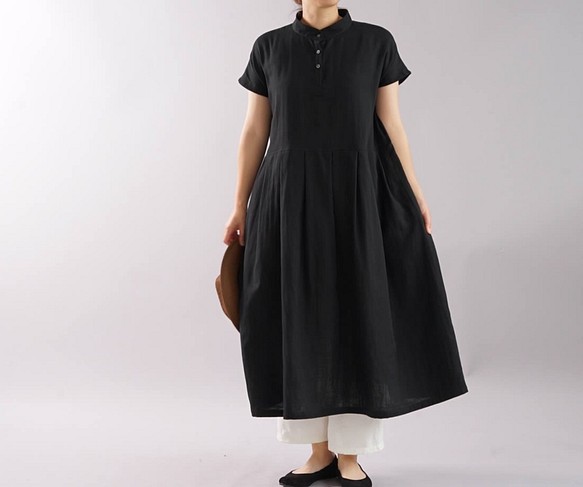 “有限的手工製造2019” [wafu] W紗布連衣裙立領法國/黑色a073b-bck2 第1張的照片