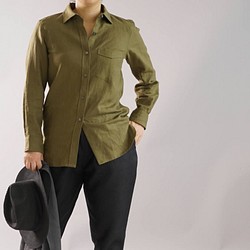 [Wafu +]整個季節正宗高級襯衫中厚亞麻剖切長袖/橄欖色T032A-OLV2 第1張的照片