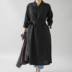【wafu】中厚 リネン ワンピース 着物襟 ドルマンスリーブ 和装 九分袖/ブラック a084a-bck2 1枚目の画像