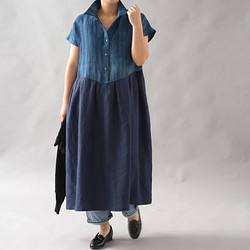 【wafu】伝統製法 正藍染 中厚 リネン ワンピース シャツ襟 藍染ドレス/藍色×ネイビー a064d-inn2 1枚目の画像