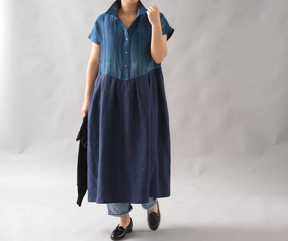 [Wafu]靛藍染料中厚亞麻連衣裙襯衫領靛藍連衣裙/靛藍x海軍藍A064D-INN2的傳統製造方法 第1張的照片
