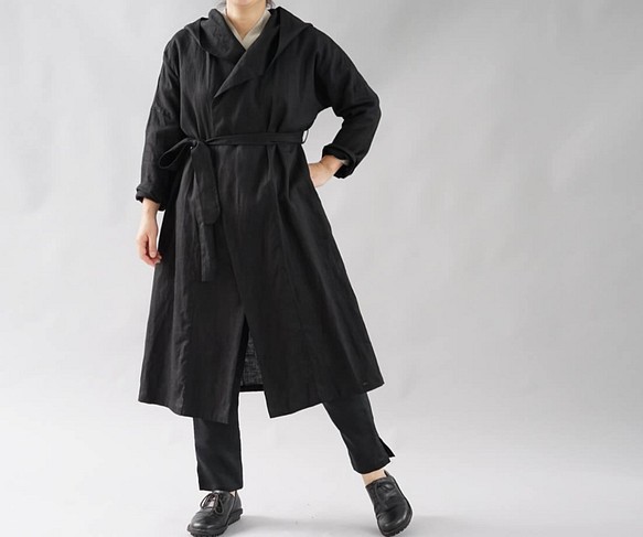 [Wafu] 中厚亞麻大衣長袍長款男女通用防紫外線/黑色 h009a-bck2 第1張的照片