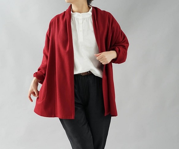【Wafu】羊毛100％Haori禮帽開衫Dolman套頭披肩顏色/紅寶石紅b14  -  33 第1張的照片