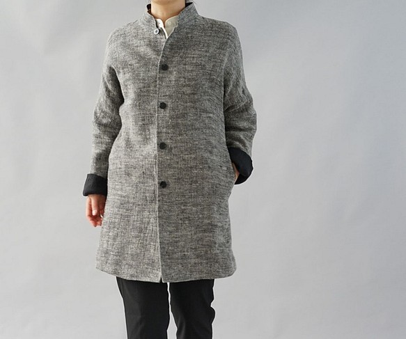 [Wafu +]男士規格厚實拉絨保暖亞麻大衣立領襯裡/黑色x正品h040a-bki3 第1張的照片