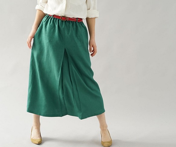 [Wafu]中厚亞麻裙前褶雙橡膠長/帝國綠色s018a-egn2 第1張的照片