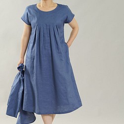 [Wafu]亞麻細連衣裙法國袖/天藍色 第1張的照片