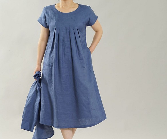 [Wafu]亞麻細連衣裙法國袖/天藍色 第1張的照片