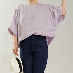 [Wafu]薄立陶宛亞麻襯衫寬鬆上衣T卹/紫藤紫色t016g-wpl1 第1張的照片
