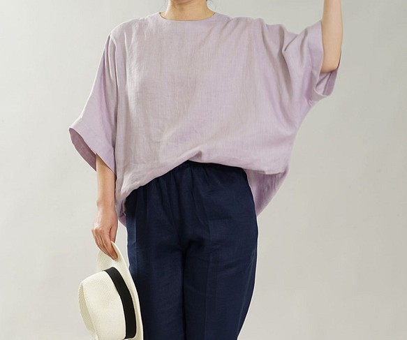 [Wafu]薄立陶宛亞麻襯衫寬鬆上衣T卹/紫藤紫色t016g-wpl1 第1張的照片