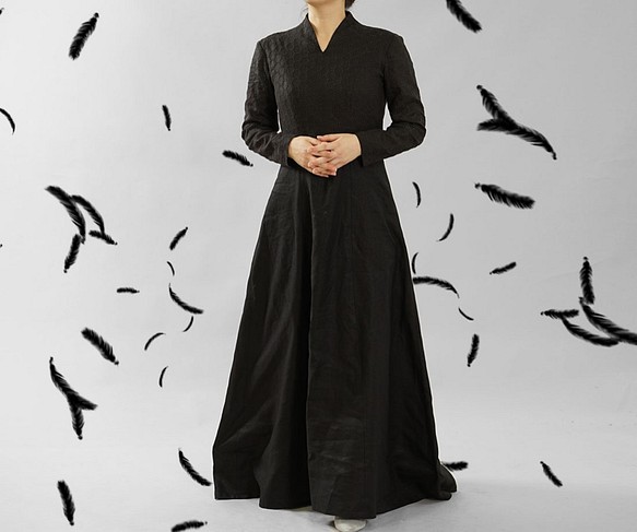 【wafu】リネン100% ドレス リネンドレス ローブ・モンタント 衣装 パニエ付き /ブラック a092a-bck2