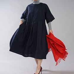 [wafu] 中等重量亞麻連衣裙蝙蝠袖繭式連衣裙及膝/海軍藍 a041f-neb2 第1張的照片