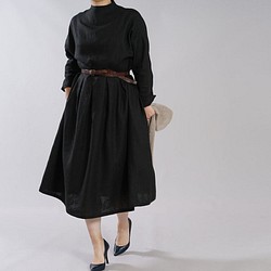 [Wafu]中厚亞麻連衣裙高領領口垂肩長袖/黑色a048c-bck2 第1張的照片