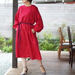 [Wafu] 中厚亞麻連衣裙 軟袖緊縮工藝 側褶連衣裙/紅色 a001a-red2 第1張的照片