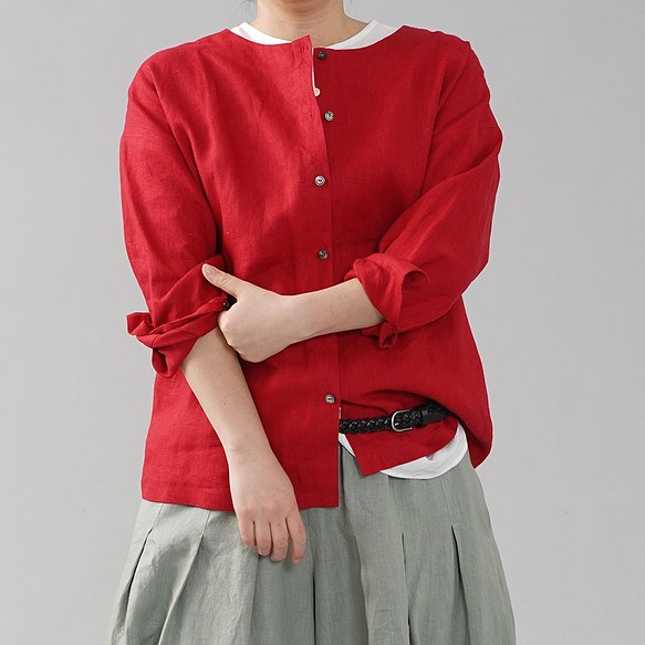 【wafu】Linen cardigan リネンカーデ リネンブラウス シャツ /赤紅 t036d-akb1