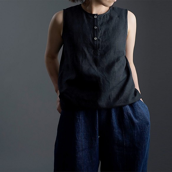 雅亜麻 Linen Top ヘンリーネック ロング丈 インナーとしても 黒色 P011a k1 タンクトップ キャミソール Wafu 通販 Creema クリーマ ハンドメイド 手作り クラフト作品の販売サイト