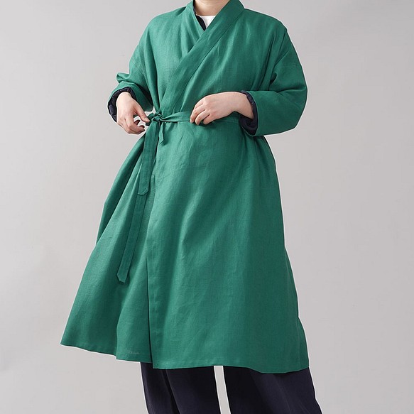 【和服】中厚亞麻禪宗外罩和服和服日式衣領長袍外套亞麻外套/巴黎綠h037g-prg 第1張的照片