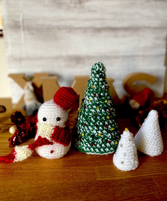 編みぐるみ雪だるまのクリスマスセット