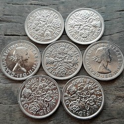 幸せのシックスペンス イギリス 7枚セット ラッキーウェディング6ペンス 本物英国コイン  美品です 1枚目の画像