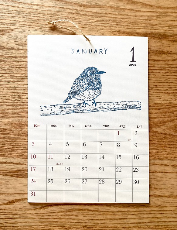 2021鳥類カレンダー　壁掛けタイプ（日曜始まりと月曜始まり選べます♪） 1枚目の画像