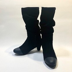 歩きやすくて暖か！バイカラー裏シャギー6cmヒールロングブーツ (ブラック × マットブラック) Mサイズ Lサイズ 1枚目の画像