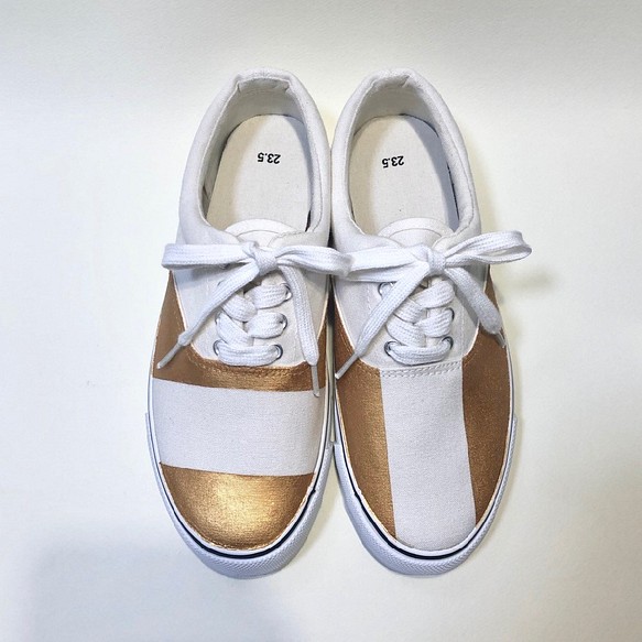 金色 x 白色粗邊框 &amp; 粗條紋甲板鞋（22.0cm-29.0cm） 第1張的照片