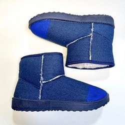 [M size SALE・4,980 日元 → 2,980 日元] 蓬鬆溫暖的雙色毛皮長靴（牛仔布 x 午夜藍） 第1張的照片