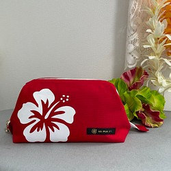 ハワイ柄化粧ポーチハイビスカス赤 1枚目の画像