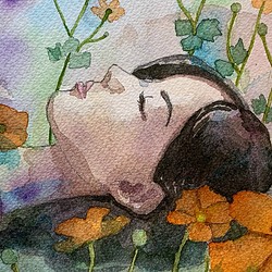 水彩画　蝶と少女（原画、F4サイズ、額付き）butterfly and Girl in the meadow 1枚目の画像