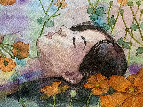 水彩画　蝶と少女（原画、F4サイズ、額付き）butterfly and Girl in the meadow 1枚目の画像