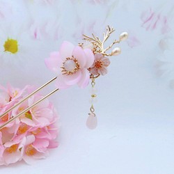 檸檬手作髮飾  粉花琉璃真珠髮簪/髮釵 第1張的照片