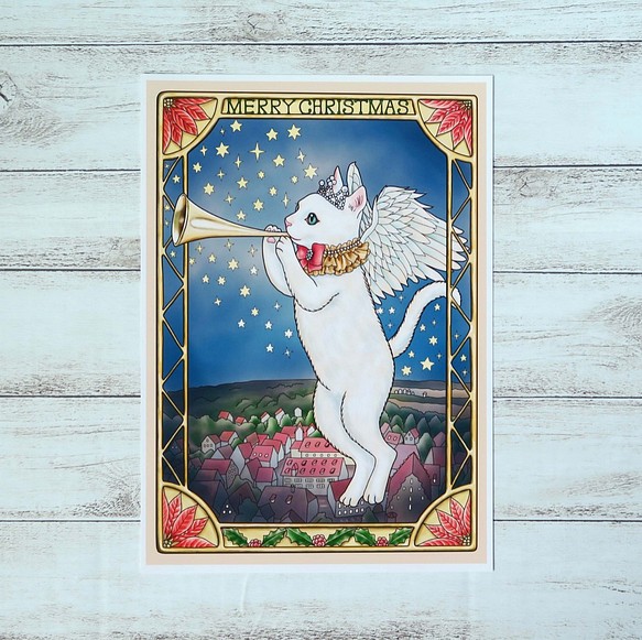 ポスター クリスマスの猫天使 ヨーロッパの街並みの上空を 人々を祝福して飛び回る白猫の天使のイラスト イラスト Atelier Heureux 通販 Creema クリーマ ハンドメイド 手作り クラフト作品の販売サイト